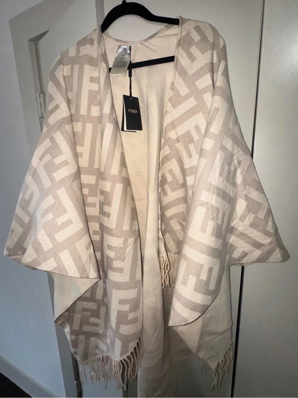 Fendi Beige and Cream Logo-Paneled Fringe Wrap